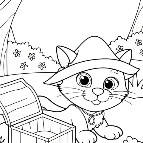 Cartoon cat with treasure chest coloring page