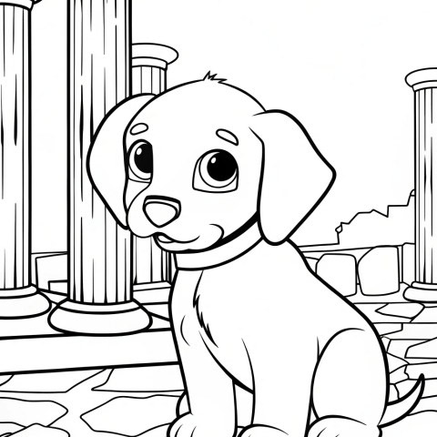 Puppy in front of ancient temple columns coloring sheet