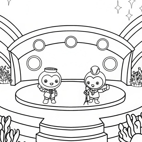 Underwater stage with cartoon characters coloring page