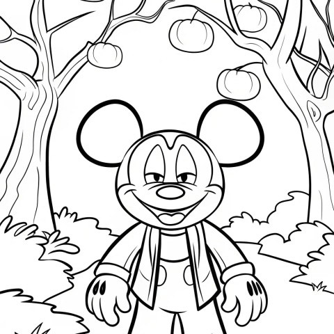 Cartoon Mickey in pumpkin forest coloring sheet