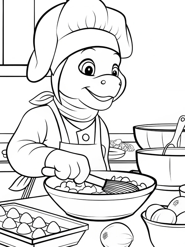 Cartoon turtle chef mixing ingredients in kitchen coloring page