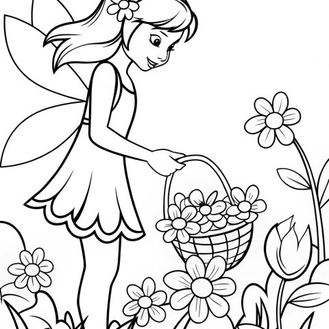 Fairy girl picking flowers coloring sheet