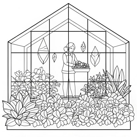 Greenhouse with girl and plants coloring page