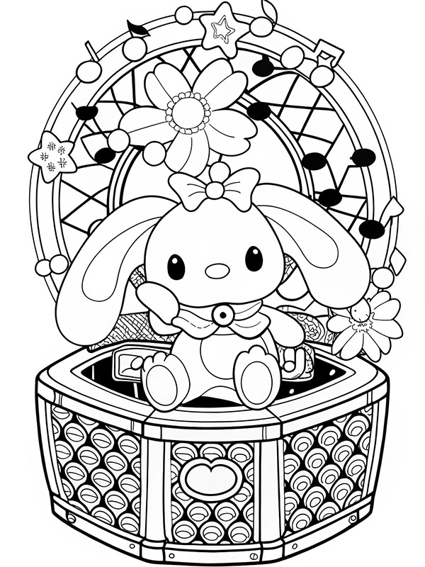 Adorable bunny coloring page sitting on a music box with flowers and musical notes in the background