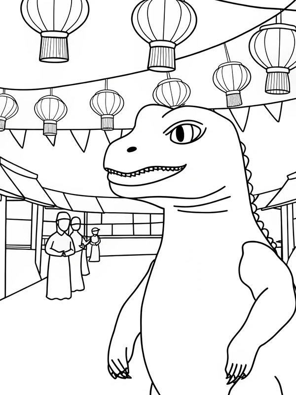 Dinosaur coloring page in a marketplace with lanterns and people in the background
