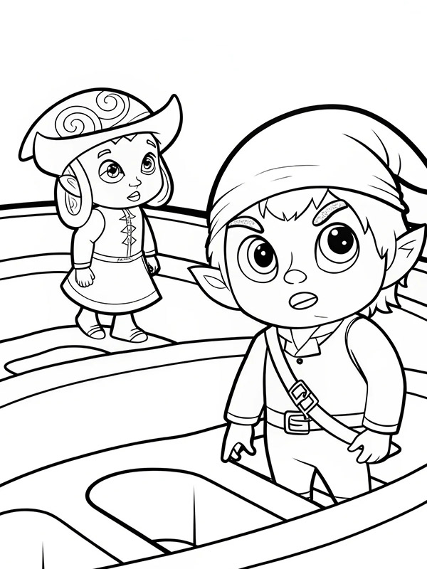 Fantasy coloring page with an elf boy and a girl in a hat, standing on a wooden platform