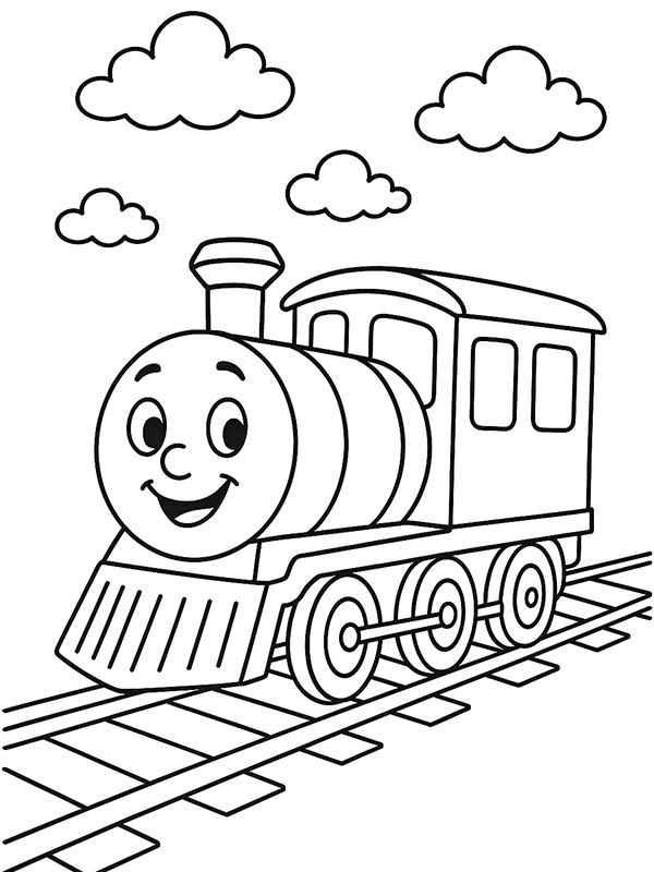 Thomas train is running on the tracks, with white clouds in the background