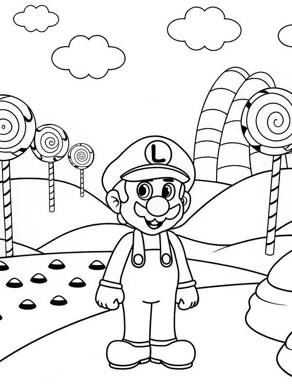 Cartoon character similar to Mario in a candy land with lollipops and clouds, coloring page