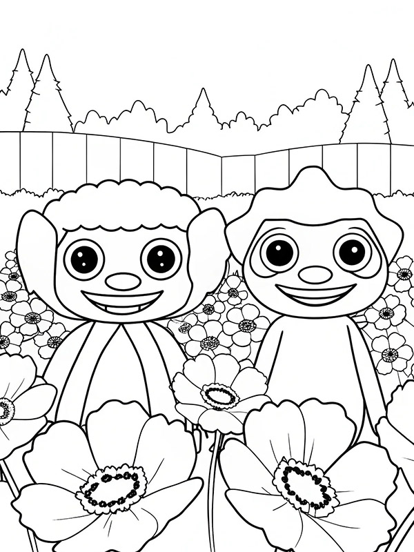 Cartoon characters coloring page with two smiling figures standing in a flower field