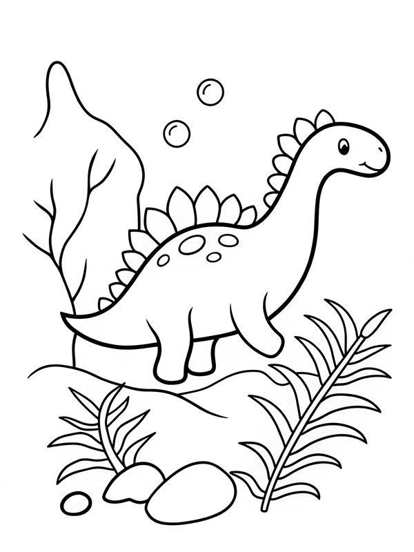 Cartoon dinosaur coloring page with plants, rocks, and a mountain in the background