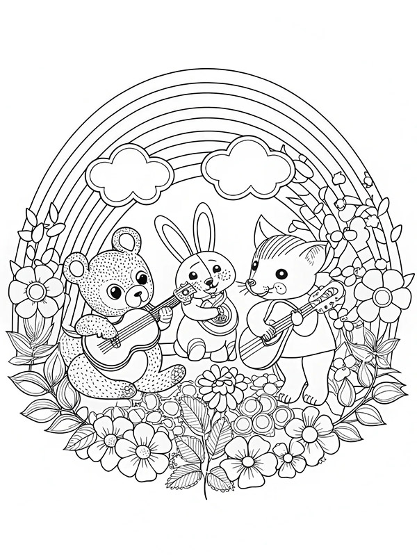 Coloring page of a bear, rabbit, and cat playing musical instruments under a rainbow with flowers