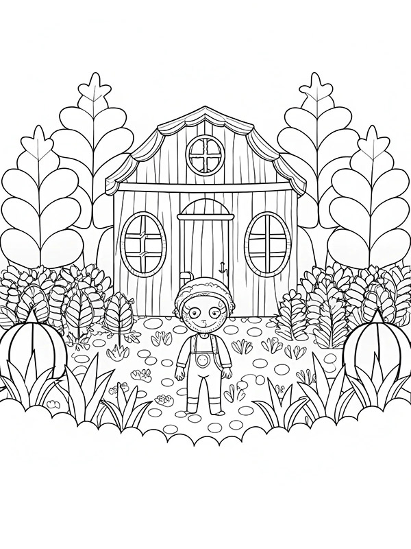 Coloring page of a girl standing in front of a wooden house surrounded by trees and plants