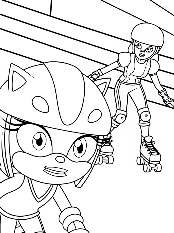 Coloring page of two girls wearing helmets and roller skating on a track