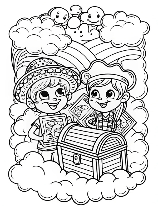 Coloring page of two smiling kids holding books near a treasure chest with clouds and rainbow