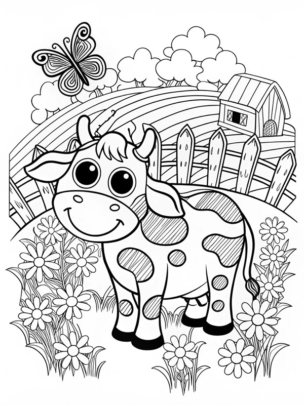 Cute cow coloring page with big eyes, butterfly, flowers, wooden fence, and a barn in the background